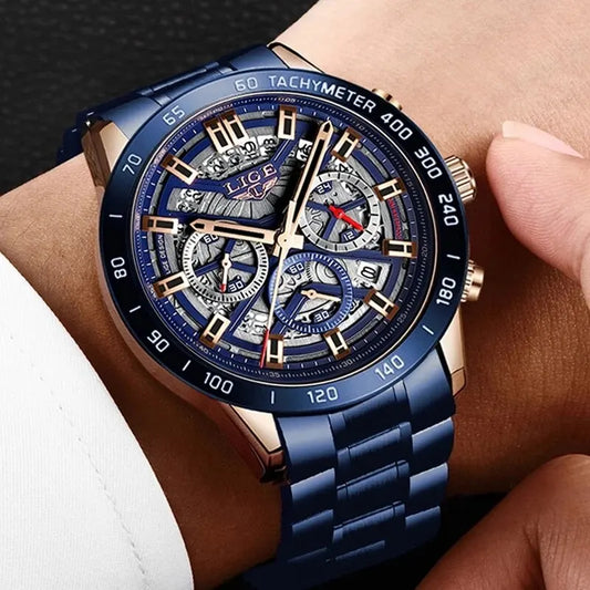Montre pour homme LIGE – Montre de luxe de grande marque, modèle ajouré, chronographe à quartz, étanche et sportif