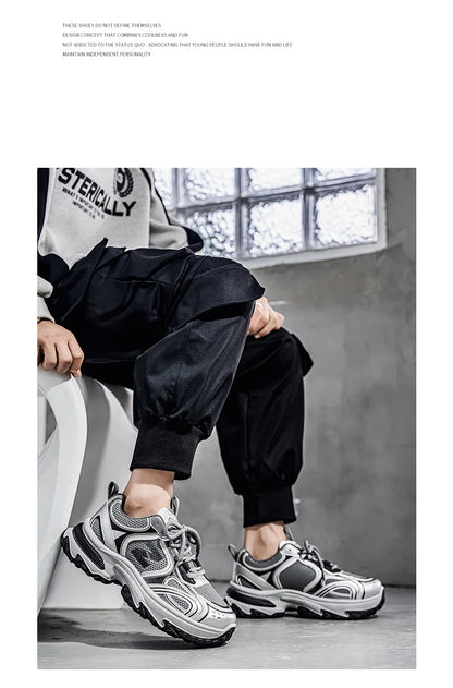 Unisex Trendy Chunky Dad Sneakers Silver Black Retro Couple Breathable Mesh Casual Platform Shoes
