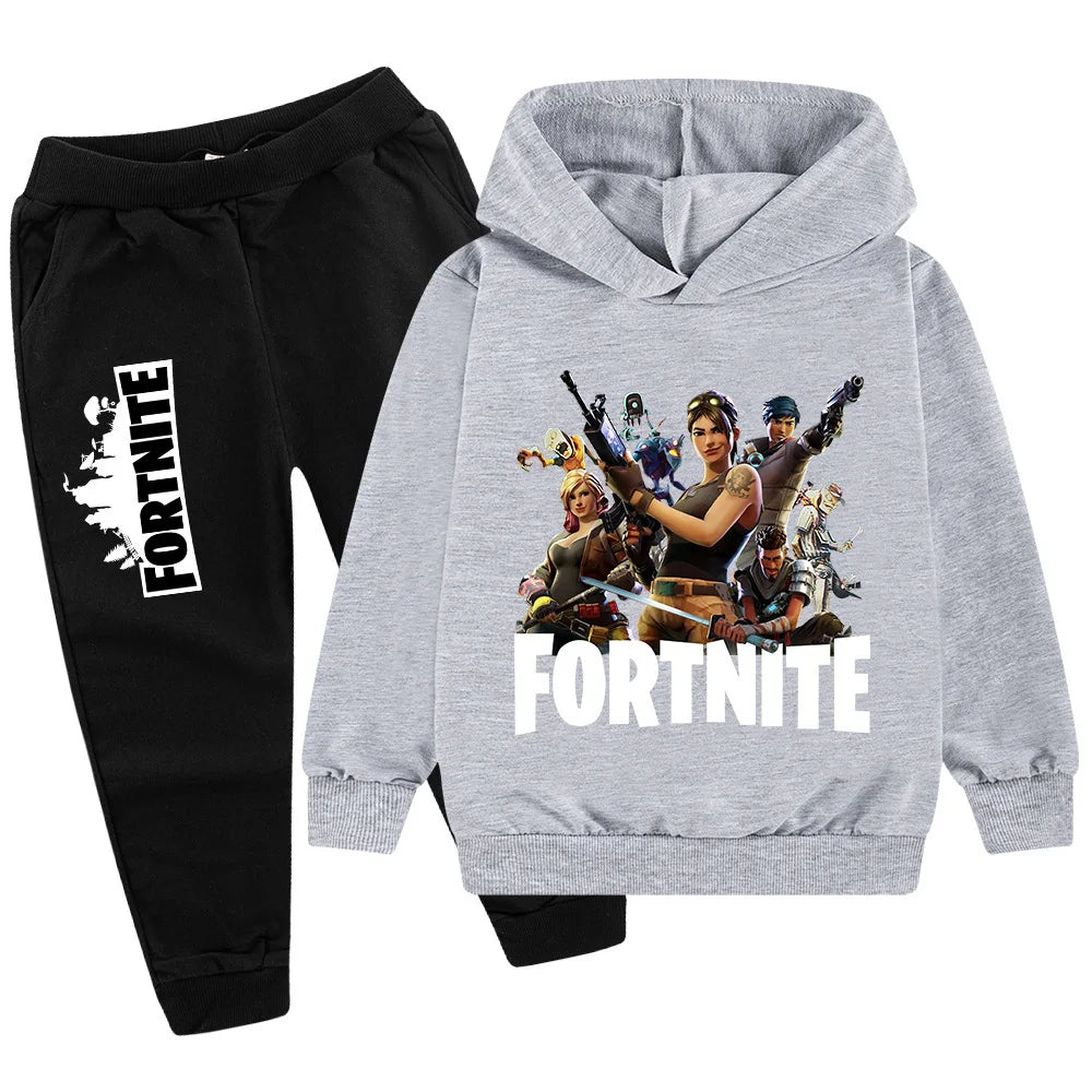Fortnite-Game-Print-Kinderset, Hoodie im Cartoon-Stil, bequemer 2-teiliger Anzug mit lockerem Langarm-Oberteil und Hose, Herbst-/Winterkleidung