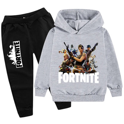 Fortnite-Game-Print-Kinderset, Hoodie im Cartoon-Stil, bequemer 2-teiliger Anzug mit lockerem Langarm-Oberteil und Hose, Herbst-/Winterkleidung