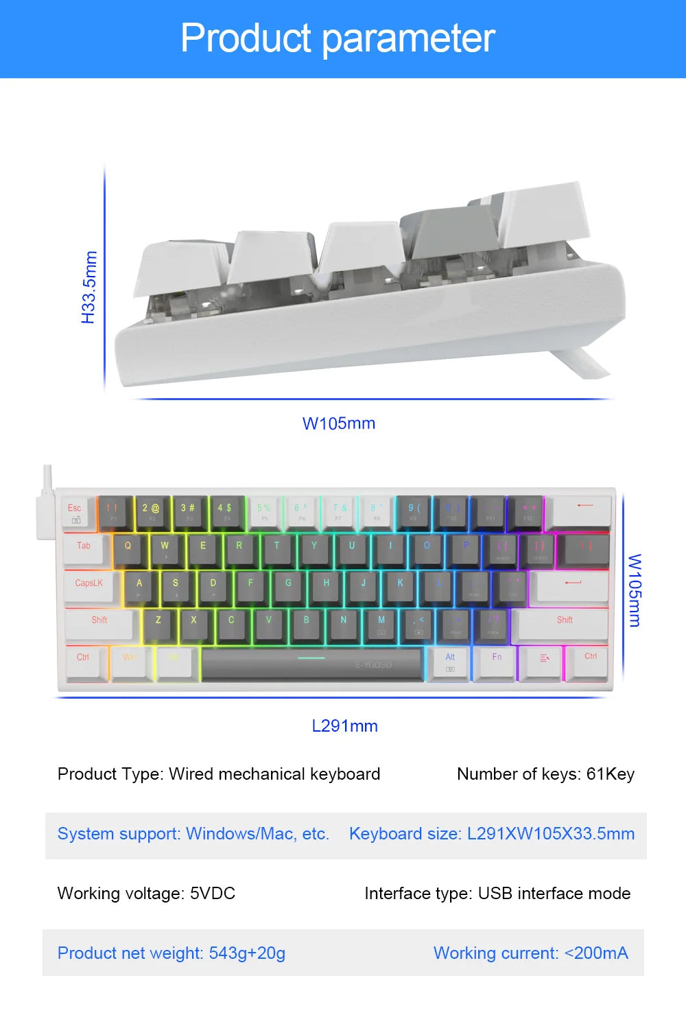 E-YOOSO Z11 RGB USB 60% Mini Mechanical Gaming Keyboard Blue Red Switch 61 Keys Wired Detachable Cable, Portable for Travel PC
