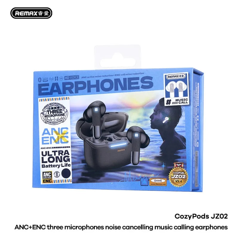 Écouteurs sans fil Remax ANC, réduction de bruit de 45 dB, 6 micros, ENC, appels HD, Cozypods JZ02, mode gaming, faible latence, 42h