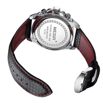 Montre-bracelet analogique à quartz pour homme MEGIR – Montre de luxe étanche avec bracelet en cuir, style décontracté, modèle 1010 (noir)