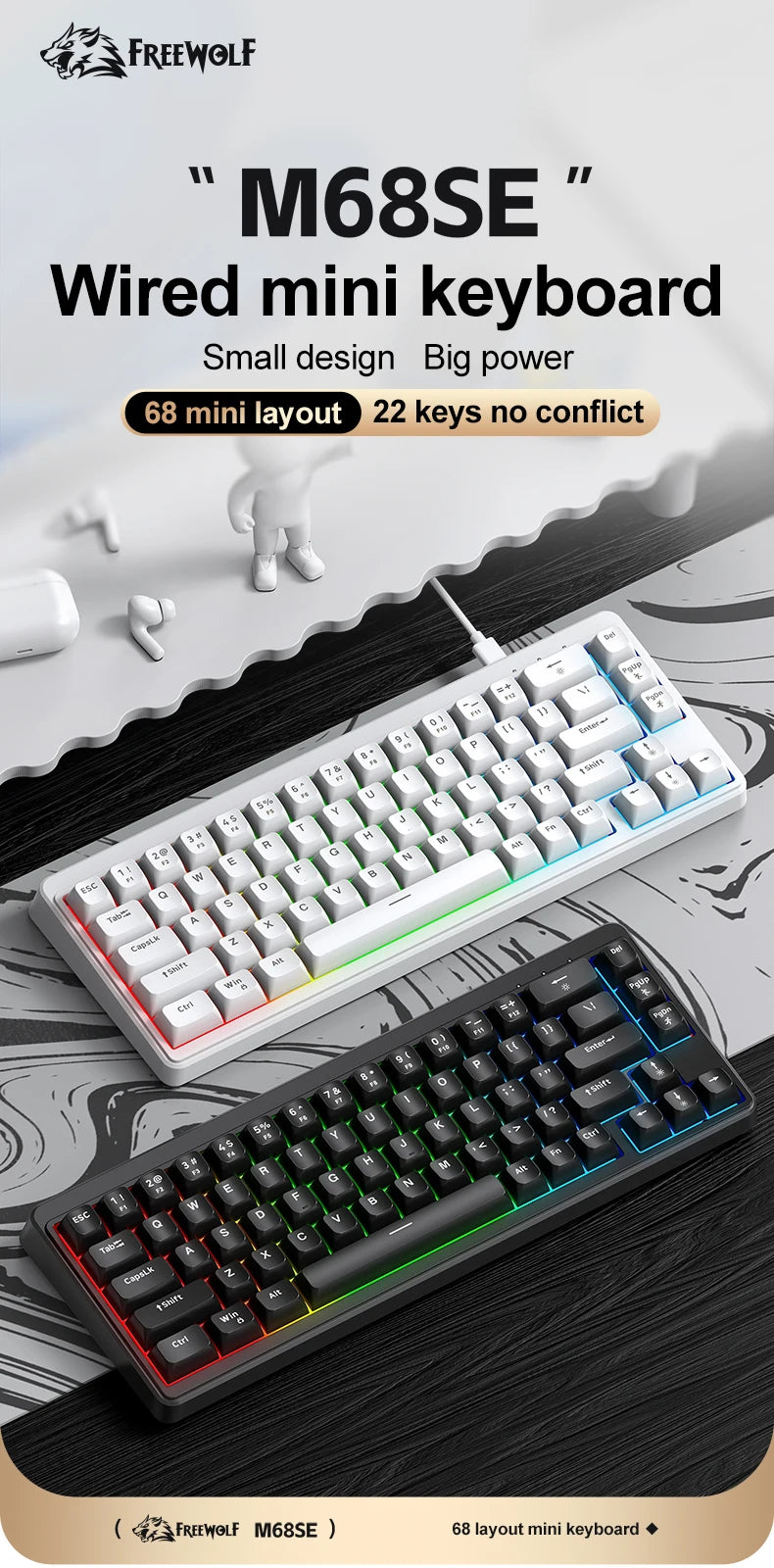 FREEWOLF M68SE 68 Key Mini Wired Keyboard RGB Backlit Type-C 68% Layout Compact Gaming Office PC Laptop