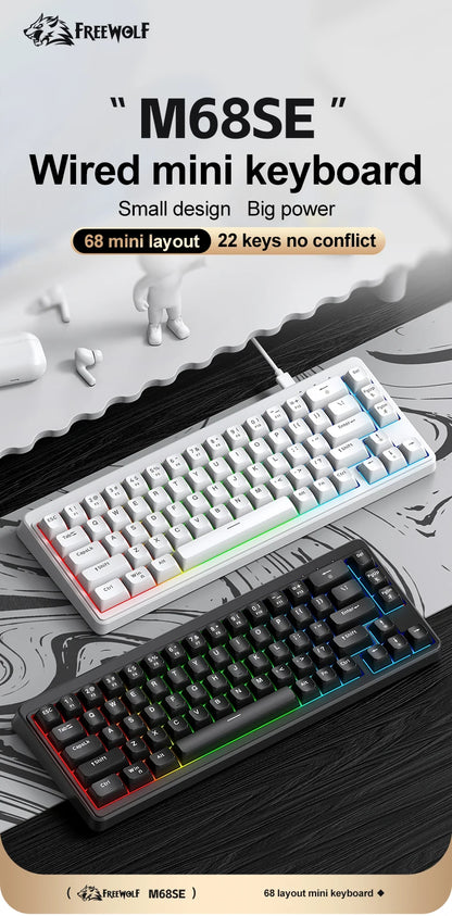 FREEWOLF M68SE 68 Key Mini Wired Keyboard RGB Backlit Type-C 68% Layout Compact Gaming Office PC Laptop