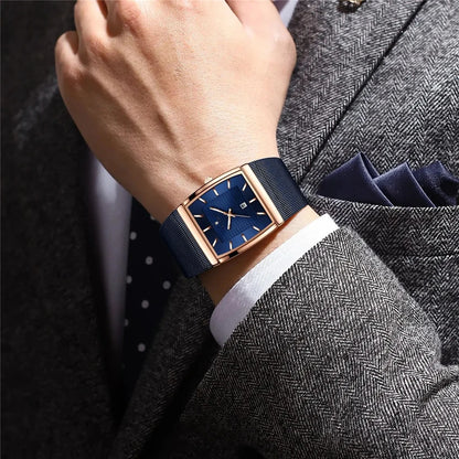Relojes de pulsera de cuarzo, nuevos relojes cuadrados para hombre, color oro rosa, de alta calidad; reloj de marca de lujo, modelo para hombre, esfera azul.
