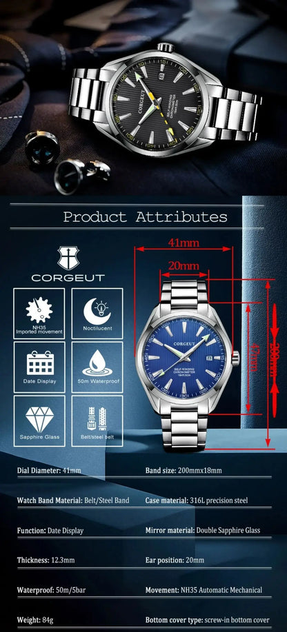 CORGEUT 41mm Luxury NH35 Movement Watch for Men Sapphire Glass Sport Clock Automatic Men's Watch Mechanical Watches
