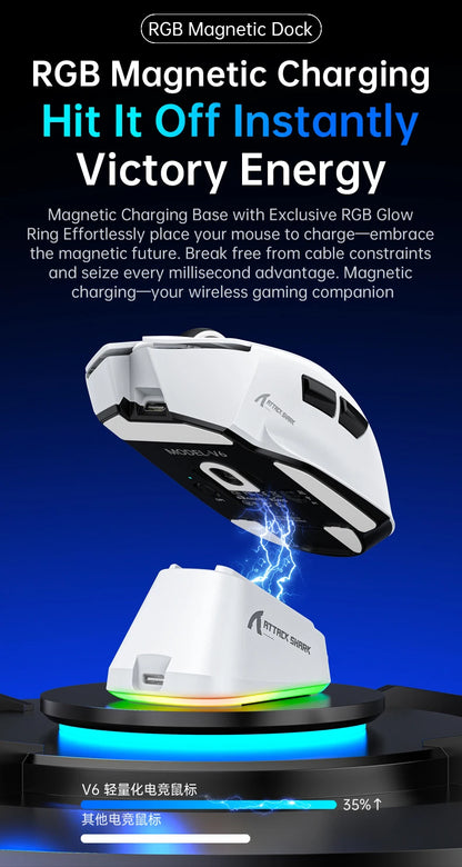 ATTACK SHARK V6  Wireless Gaming Superlight Mouse with RGB Magnetic Charging Dock,PAW3311 Sensor,Macro Gaming Mouse
