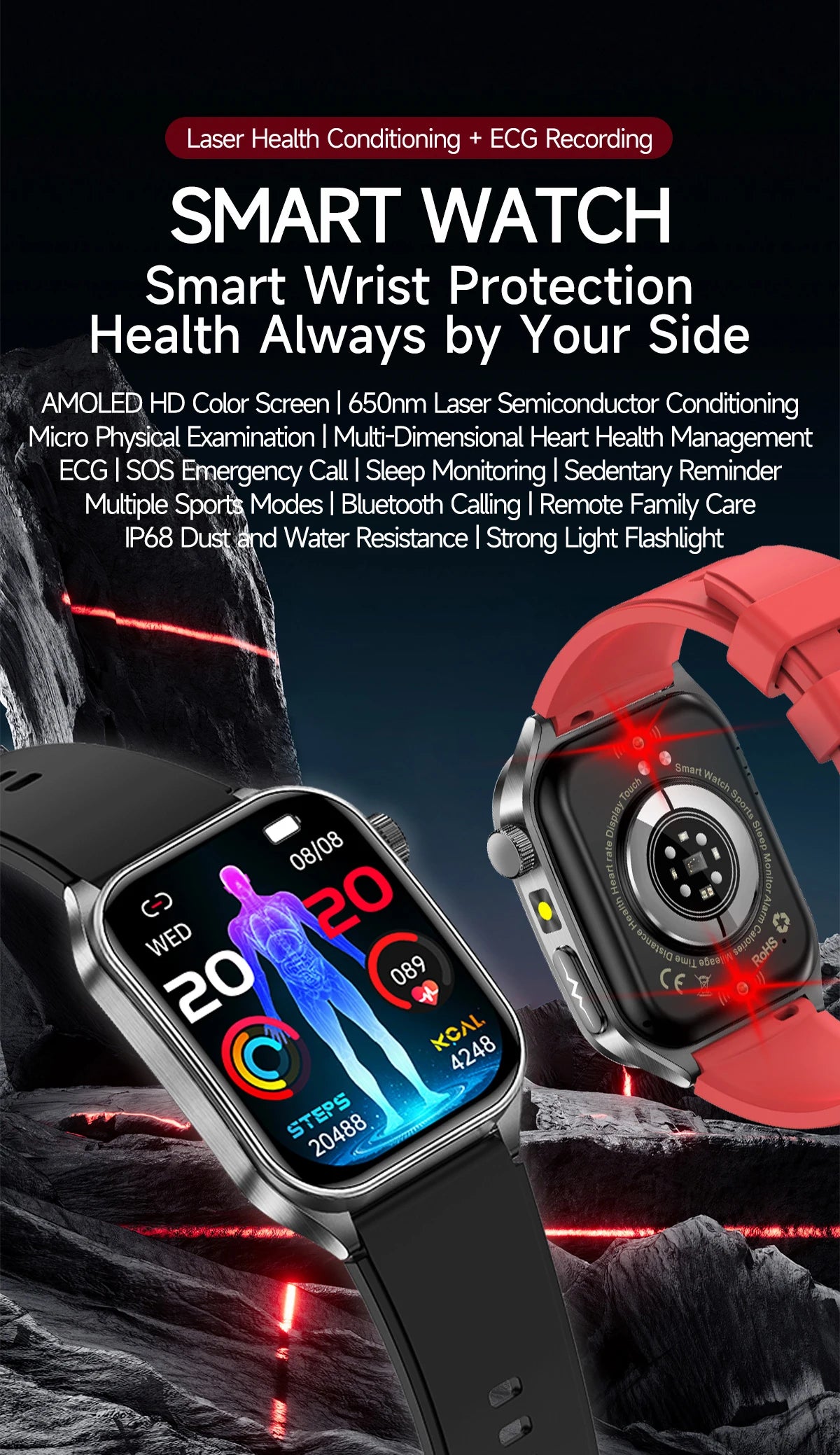 2026 New 650nm Laser Therapy Health Smartwatch Men ECG Blood Pressure Lipid Uric Acid Bluetooth Call Smart Watch For Android IOS