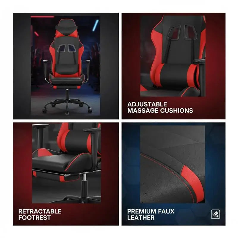 Massage Gaming Chair with Footrest Black and Red 66X56X120,5-131 cm in Imitation Leather, Reclining 360 Swivel Chair ° Maximum 110 kg