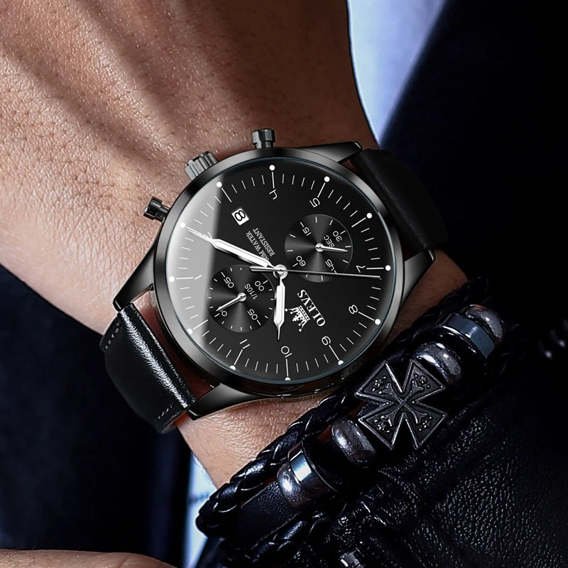 Montre pour homme OLEVS 2880 – Chronographe élégant et épuré, bracelet en cuir, affichage automatique de la date, étanche, aiguilles luminescentes, mouvement à quartz.
