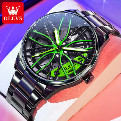 OLEVS 9937 Mens Watch Original Rotatable Wheel Hub Dial Fashion Trend Quartz Watch Waterproof Luminous Stainless Steel Reloj