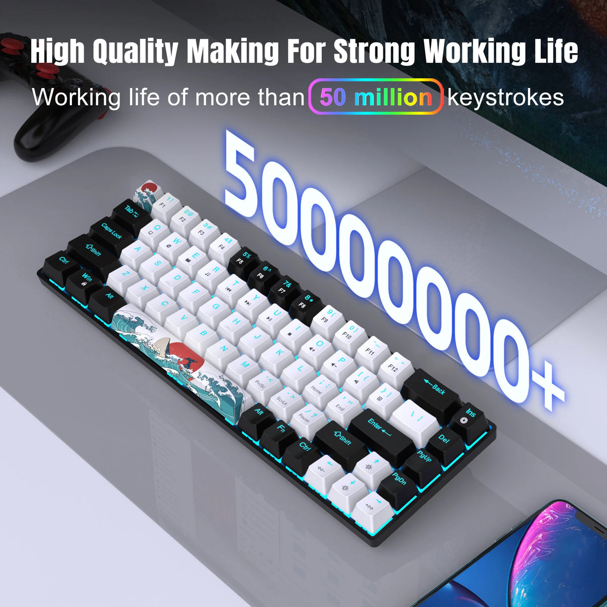 Mechanical Gaming Keyboard 68 Keys, Blue Switches & Multi-colored, Detachable Type-C Mini Gaming Keyboard