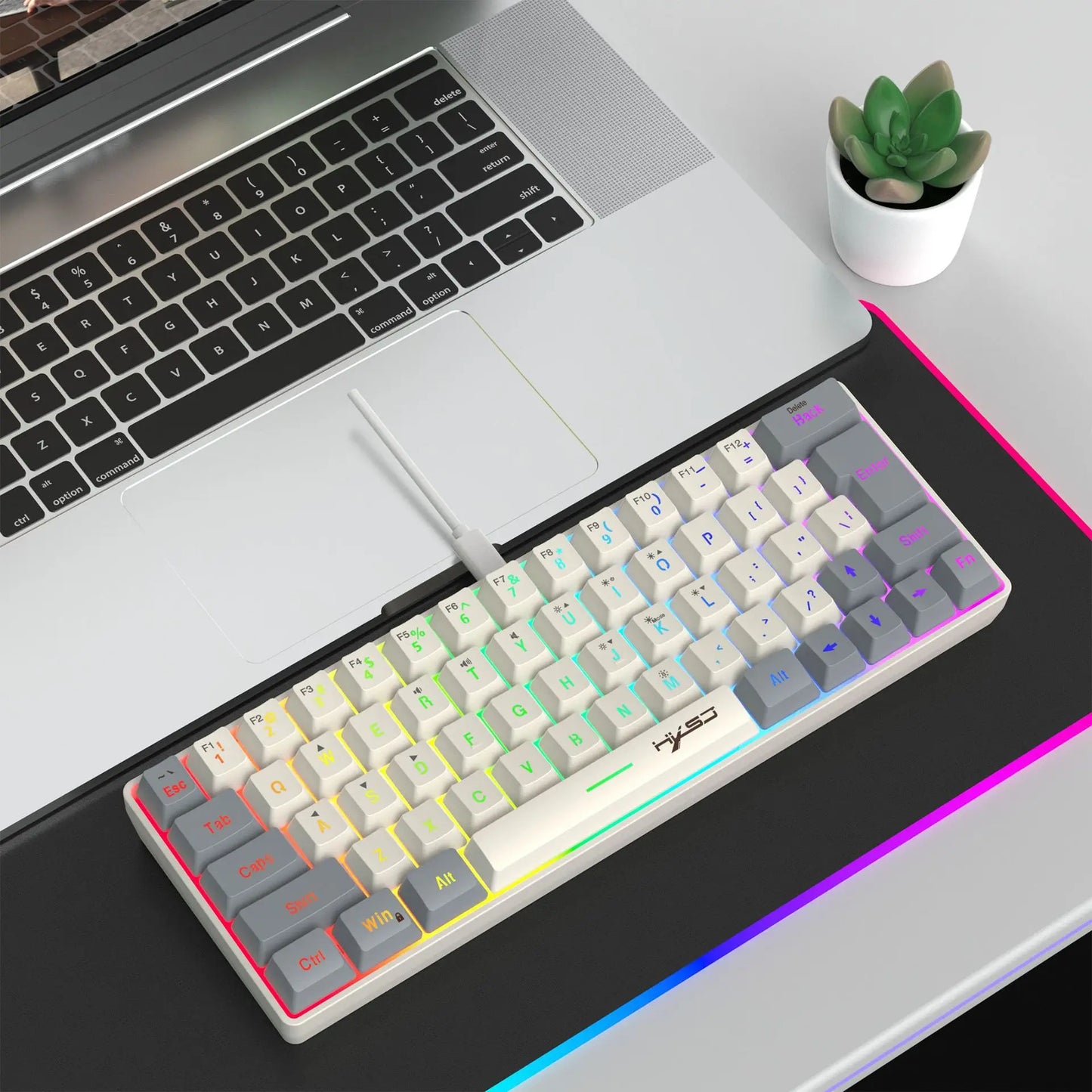 Keyboard RGB USB wired 63 keys gaming gamer compact  mini pc keyboards for trips,office,games business key board (Grey&Orange)