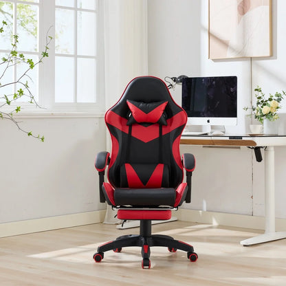 360 ° - Swivel Ergonomic Racing Design Gaming Chair Leather, Headrest and Lumbar Support for Office and Gaming - Black&Red