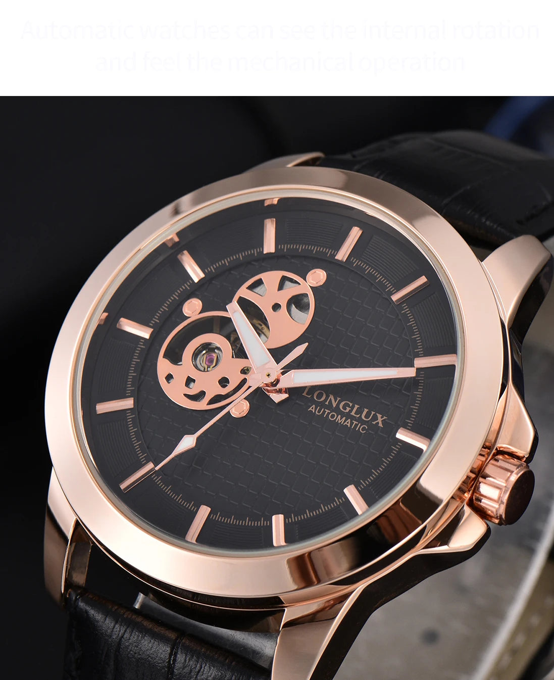 Automatic Watch Minimalist Elegant Everyday Skeleton Waterproof Mechanical Watches Rose Gold Leather Mens Watch Men Gift for Him