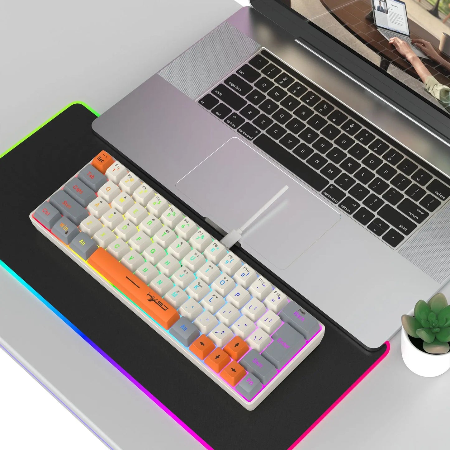 Keyboard RGB USB wired 63 keys gaming gamer compact  mini pc keyboards for trips,office,games business key board (Grey&Orange)