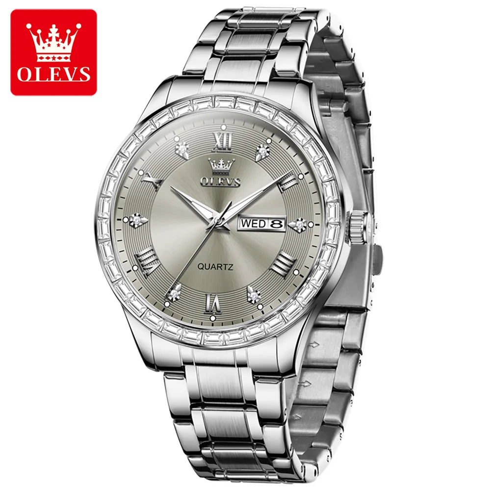 Reloj de cuarzo para hombre OLEVS 9906, modelo cuadrado adornado con diamantes, correa de acero inoxidable, hermético, con doble calendario; un reloj de pulsera de lujo, original, ideal para el ámbito profesional.