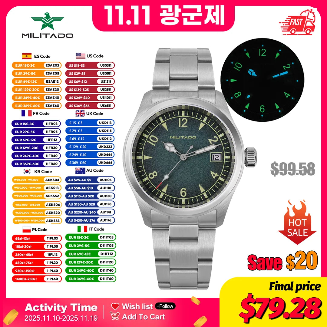 Militado ML08 Switzerland Ronda 515 Quartz Movement Double Sapphire Crystal  BGW9 Luminous 10Bar Waterproof 38mm Vintage Watch