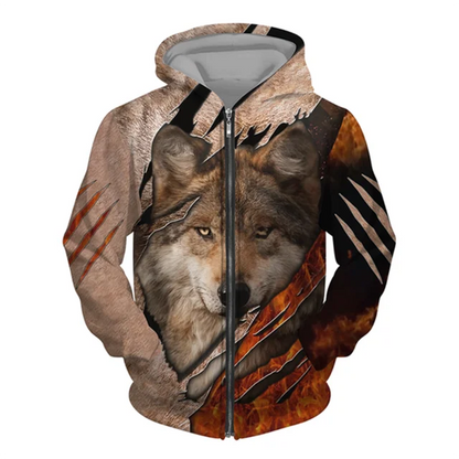 3D Wolf Print Men Zipper Hoodies Fashion Animal Pattern Top Coat Street Punk Style Oversized Sweatshirts Outdoor Leisure Jackets