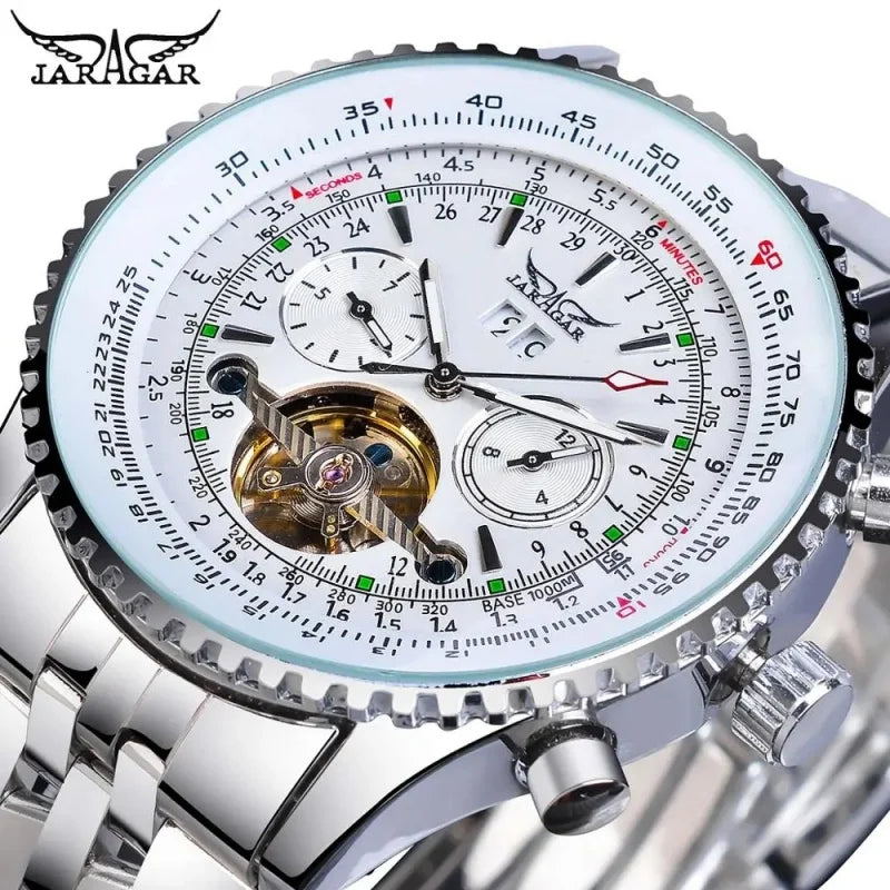 Montre mécanique automatique rétro de luxe JARAGAR 034, tourbillon, squelette creux, acier inoxydable, calendrier de la semaine, montre pour homme