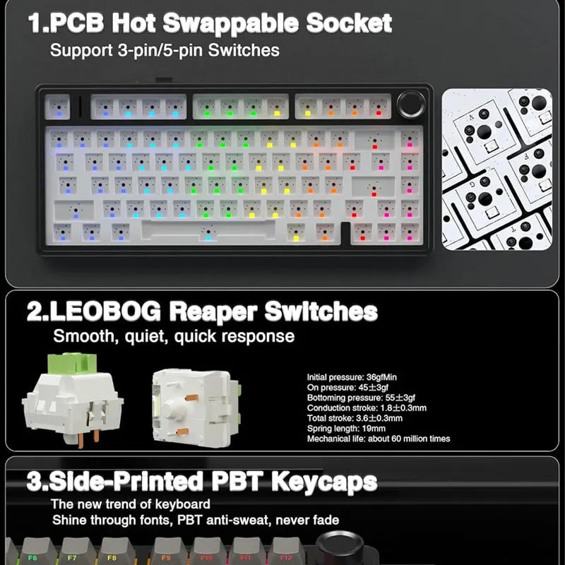 AULA F75 Game Mechanical Keyboard RGB Light 2.4G /BT5.0/Wired Tri-Mode Gasket Structure 75% Customized Gradient Grey Keyboard