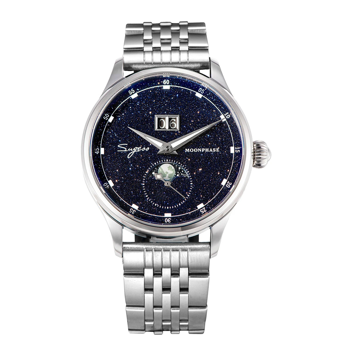 Sugess Mens Watch Limited Edition Moonphase 316L Stainless Steel Case Tianjin ST2528 Movement Luxury Gemstone Stars Dial Gift V3