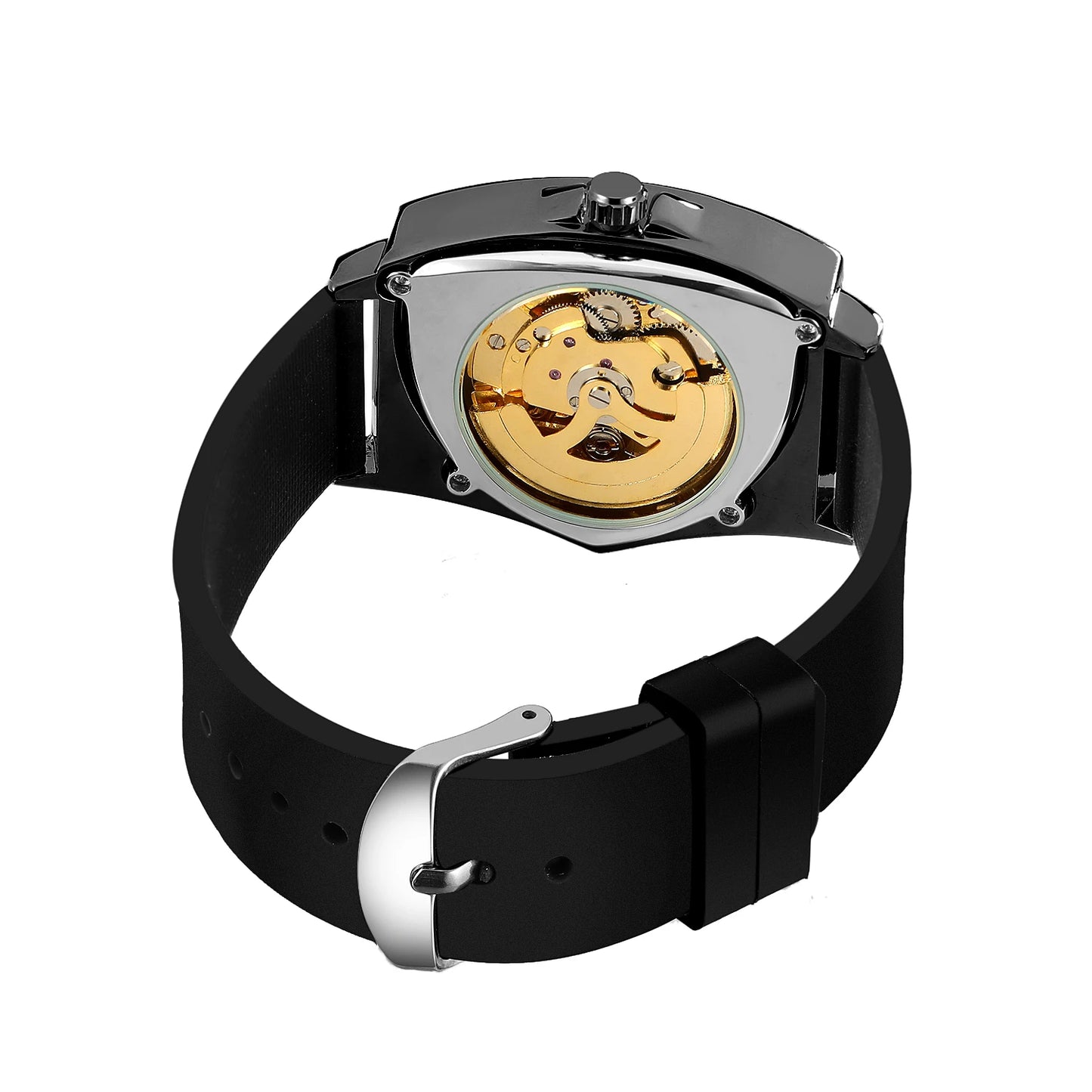 WINNER High Quality Watch for Men Triangle Steel Skeleton Mechanical Automatic Movement Clockwork Waterproof Rubber strap Wrist