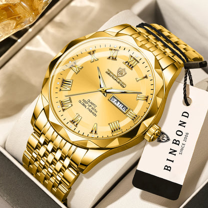Montre-bracelet de luxe à quartz BINBOND Original Brand pour homme, lumineuse, étanche, date automatique, affichage du jour de la semaine, style décontracté.