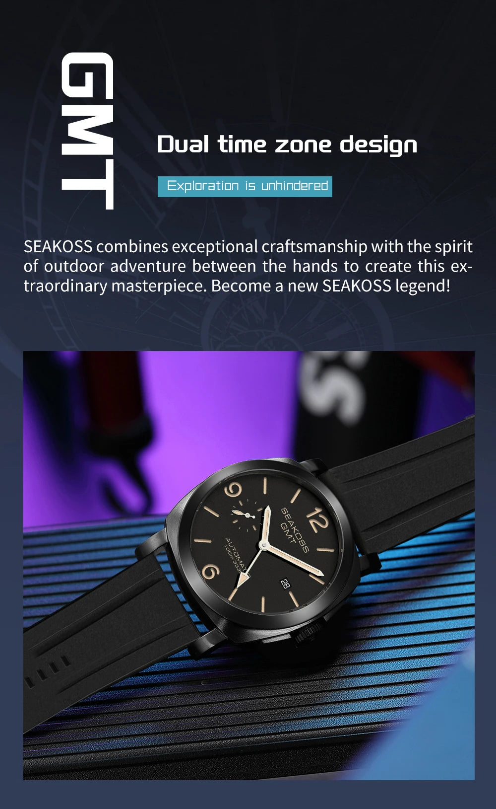 SEAKOSS GMT Men‘s Diving Automatic Mechanical Watches Seagull ST2557 Movement 316L Super Luminous Calendar 10Bar Reloj Homber