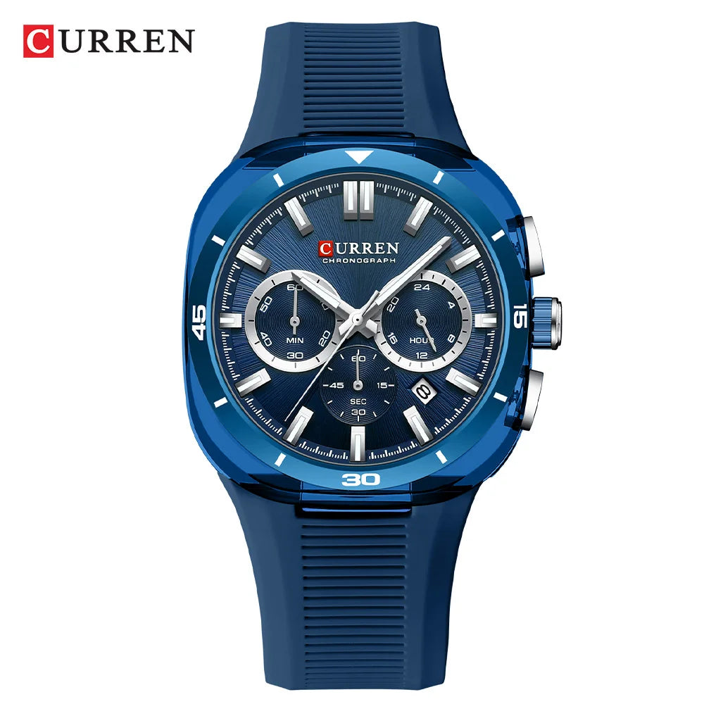 Reloj para hombre CURREN: nuevo modelo de lujo con mecanismo de cuarzo, correa de silicona, estilo deportivo, multifunción, resistente al agua, luminiscente, con indicador de fecha y cronómetro.