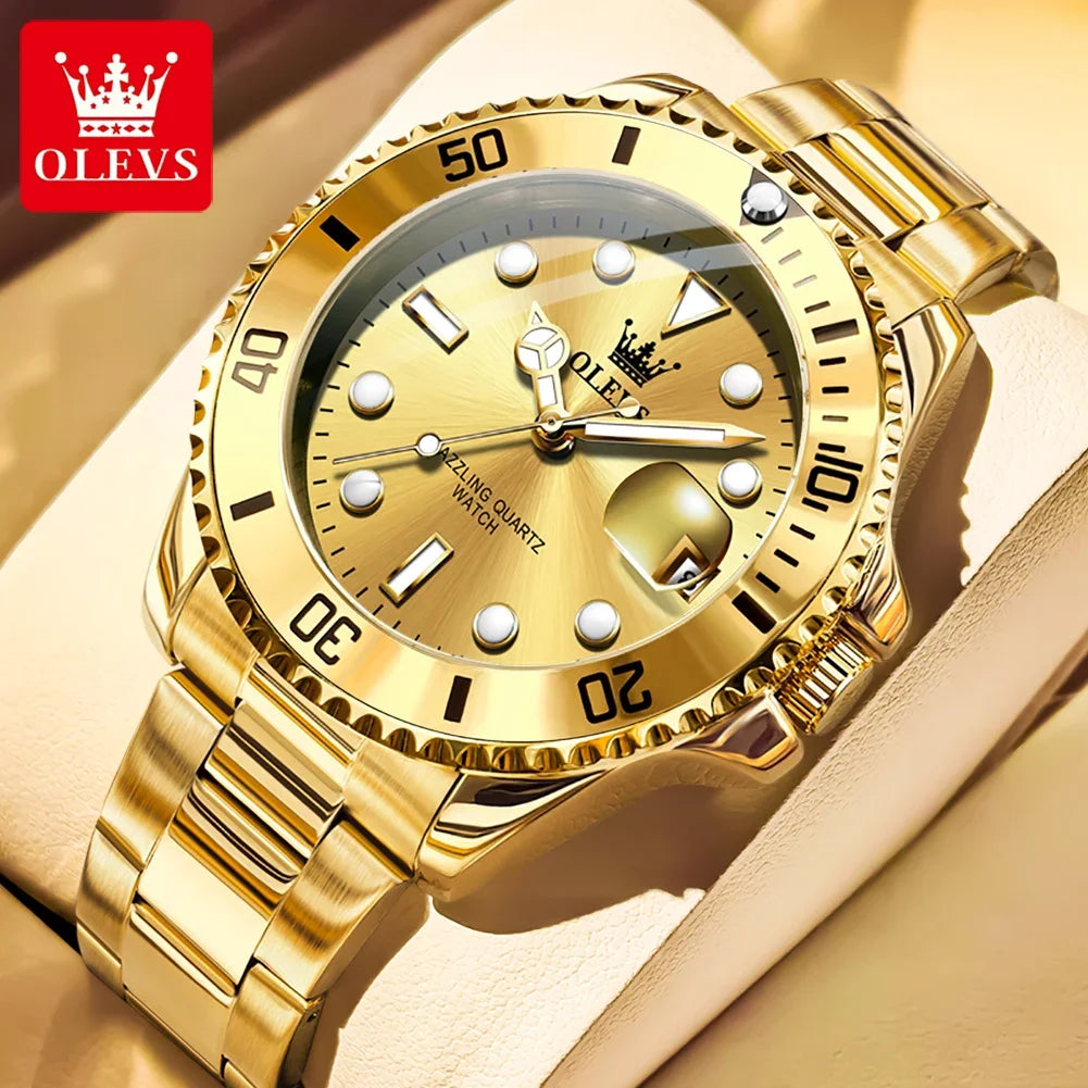 Montre pour homme OLEVS 5885 – Modèle authentique, bracelet en acier, calendrier, mouvement à quartz, livrée dans un coffret cadeau de luxe