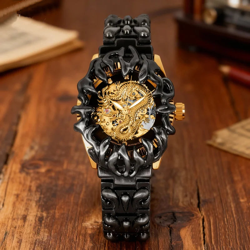 A men's yellow and black retro style classical irregular dragon patterned tourbillon mechanical watch