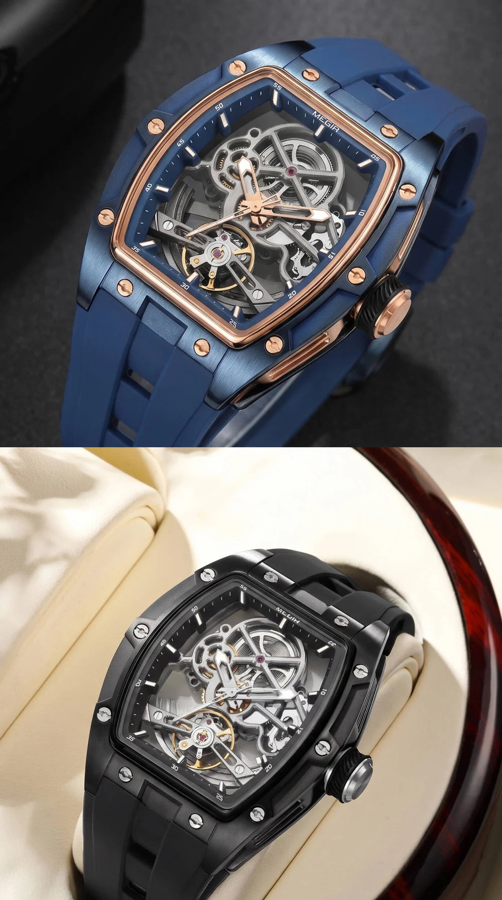 Reloj mecánico para hombre MEGIR, forma de barril, esfera esqueletizada calada, estilo deportivo, correa de silicona, reloj automático de lujo