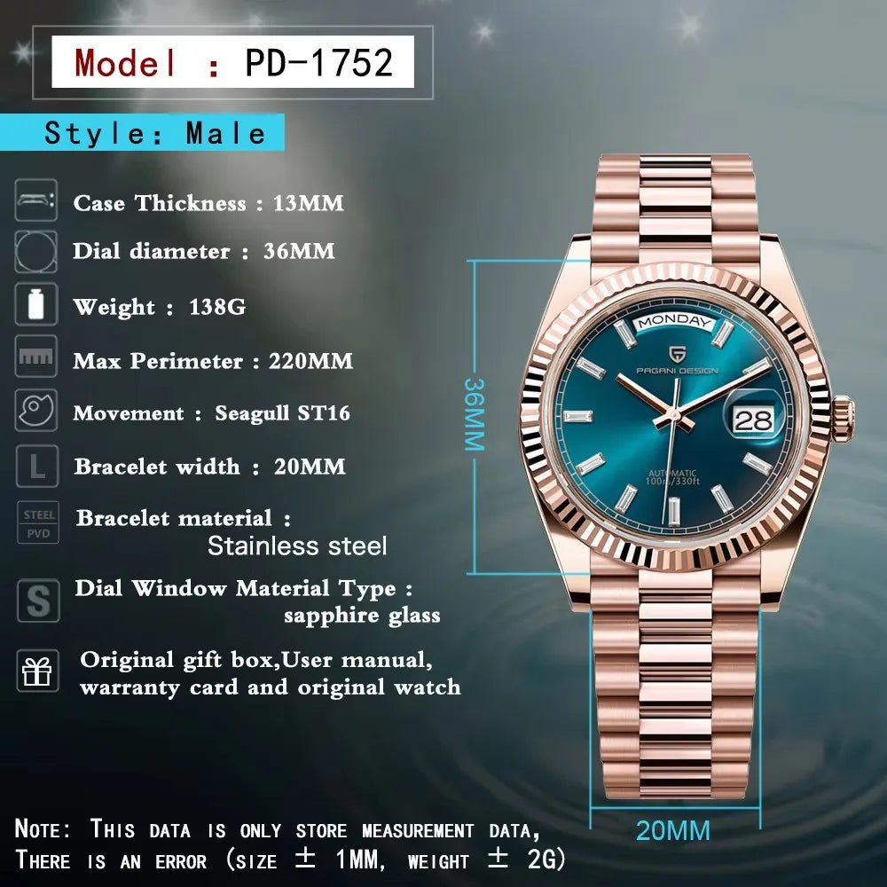 2025 New PAGANI DESIGN Men's Watch DD36 Rose Gold Luxury Automatic Watch For Men Mechanical Wristwatches Sapphire Mirror Clock