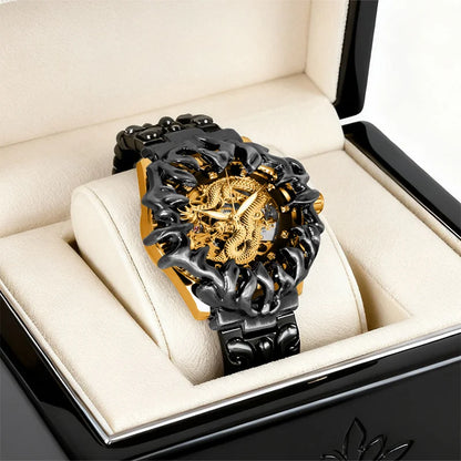 A men's yellow and black retro style classical irregular dragon patterned tourbillon mechanical watch