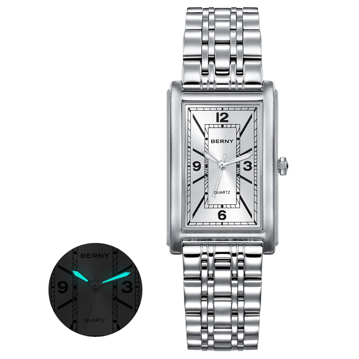 Reloj cuadrado para hombre BERNY – Movimiento de cuarzo, esfera con números romanos, indicación luminiscente, caja de acero inoxidable 316L – Reloj rectangular elegante y desenfadado