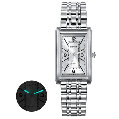 Reloj cuadrado para hombre BERNY – Movimiento de cuarzo, esfera con números romanos, indicación luminiscente, caja de acero inoxidable 316L – Reloj rectangular elegante y desenfadado