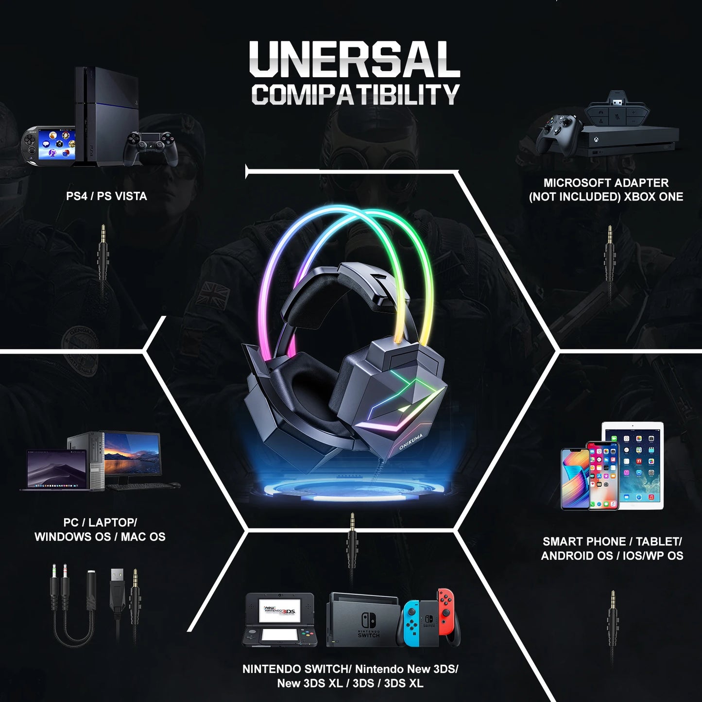 ONIKUMA X20 Gaming Headset with RGB Light Wired Headphones With Mic Bass Surround Over Ear Full Light Earphone for PS5 PC
