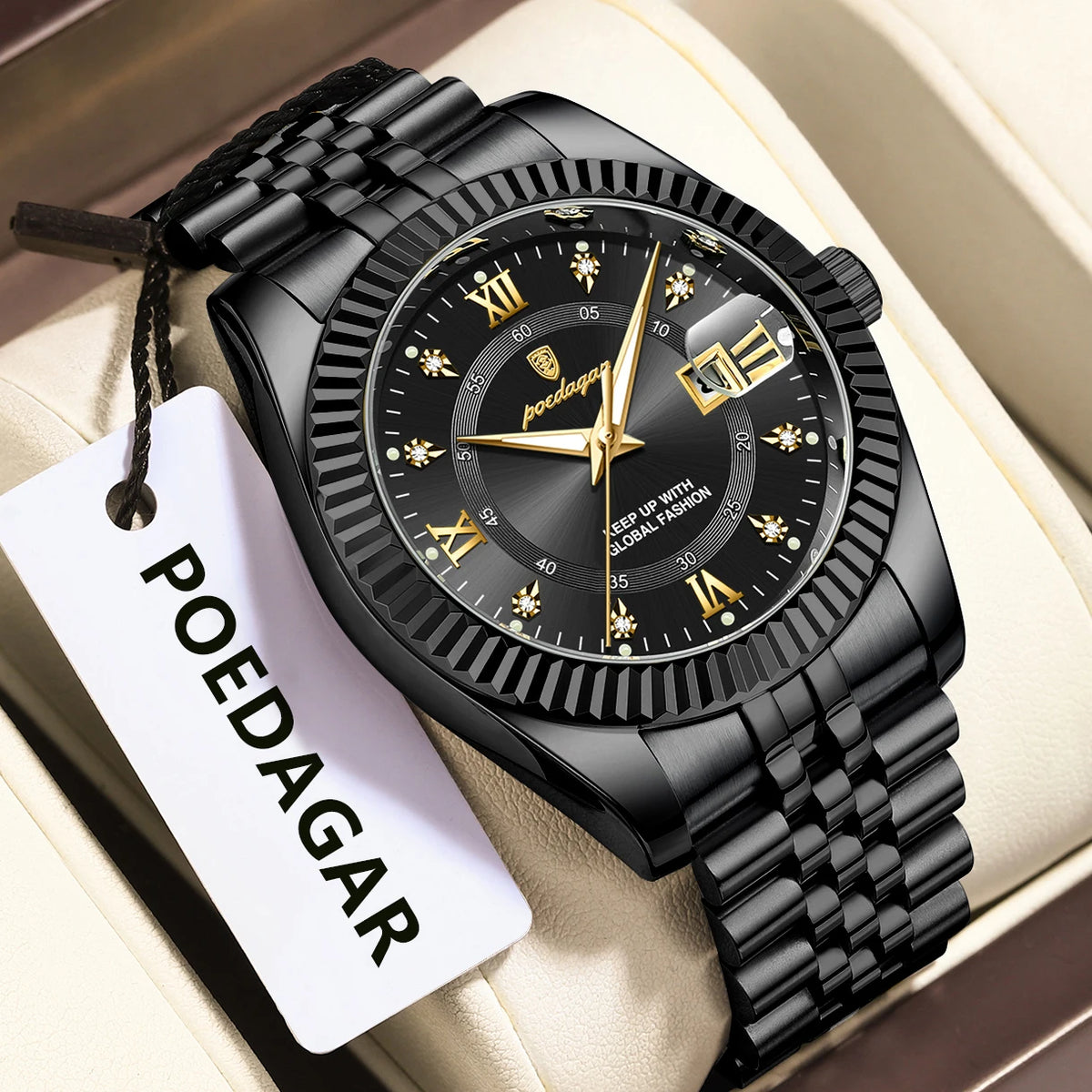 Montre pour homme POEDAGAR – Modèle de luxe, étanche, en acier inoxydable, avec affichage luminescent, style militaire, fonction date, mouvement à quartz, idéale pour le travail ou les occasions professionnelles.