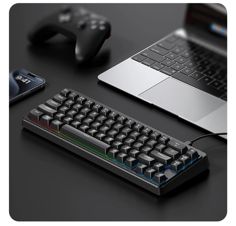 FREEWOLF M68SE 68 Key Mini Wired Keyboard RGB Backlit Type-C 68% Layout Compact Gaming Office PC Laptop