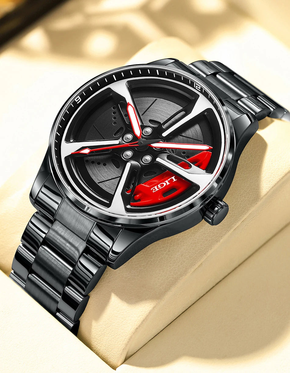 LIGE New Sport 3d Car Wheel Rim Hub Watch Fashionable Rotating Dial Stainless Steel Strap Waterproof Quartz Watches reloj hombre