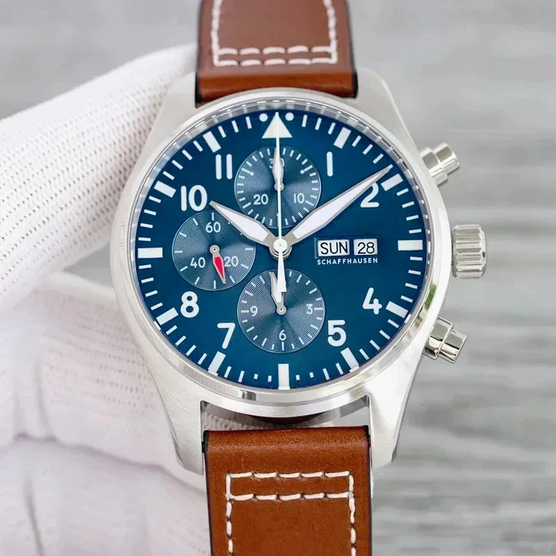 Premium 2026 Men's 43mm Pilot Le Petit Blue Automatic Mechanical Watch Luxury Brown Leather Stainless Steel Strap Business