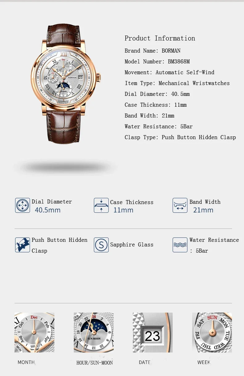 BORMAN BM3868 New 40mm Luxury Men Automatic Mechanical Men's Watches Sapphire Multi-function Waterproof Moon Phase Clocks