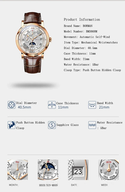 BORMAN BM3868 New 40mm Luxury Men Automatic Mechanical Men's Watches Sapphire Multi-function Waterproof Moon Phase Clocks