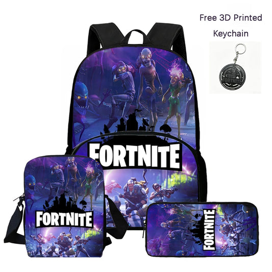 FORTNITE 3-Piece Lightweight Backpack Set with Front Pocket, Crossbody Bag & Pencil Case for Ages 6-10 Boys and Girls, Includes Free 3D Printed Keychain