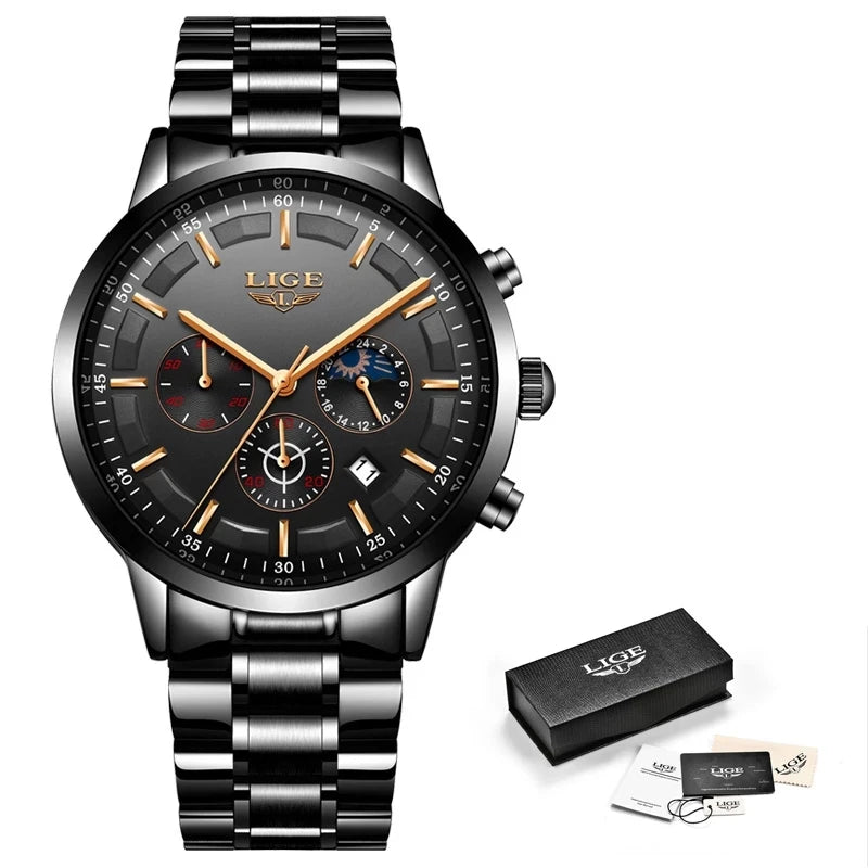 Montre pour homme LIGE – Chronographe à quartz de luxe, étanche (3 bars), avec aiguilles luminescentes – Idée cadeau (boîte incluse)