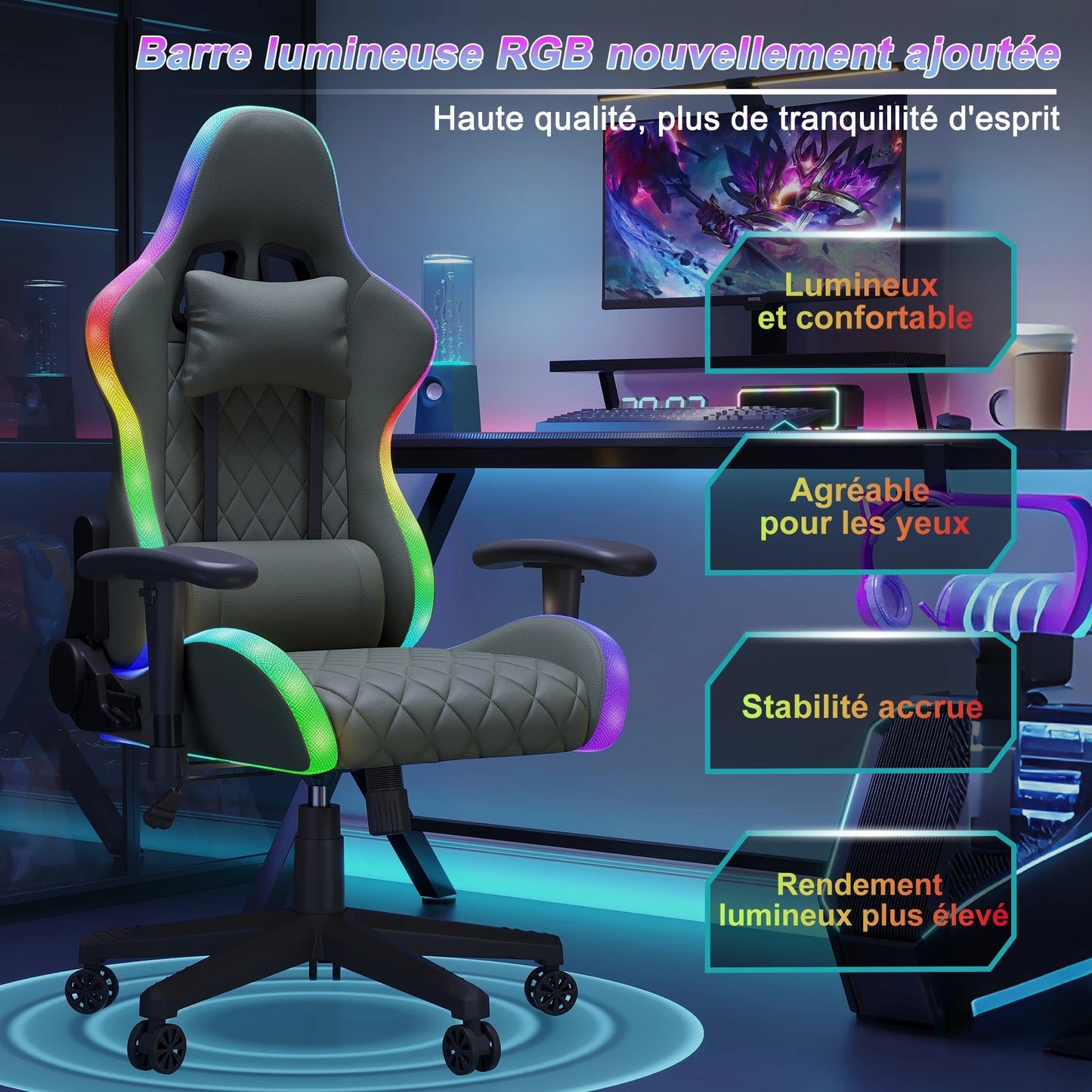 Fangange Gaming Chair with Massage Function, Adjustable backrest,Computer Chair,with ambient light,Lumbar Cushion, Pillow,150 KG