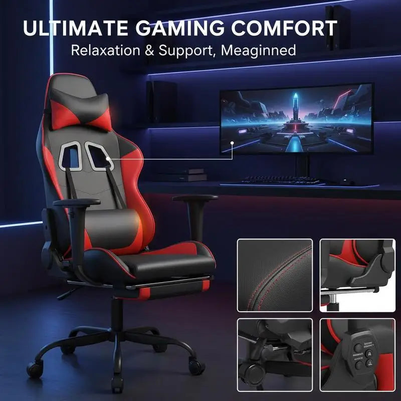 Massage Gaming Chair with Footrest Black and Red 66X56X120,5-131 cm in Imitation Leather, Reclining 360 Swivel Chair ° Maximum 110 kg