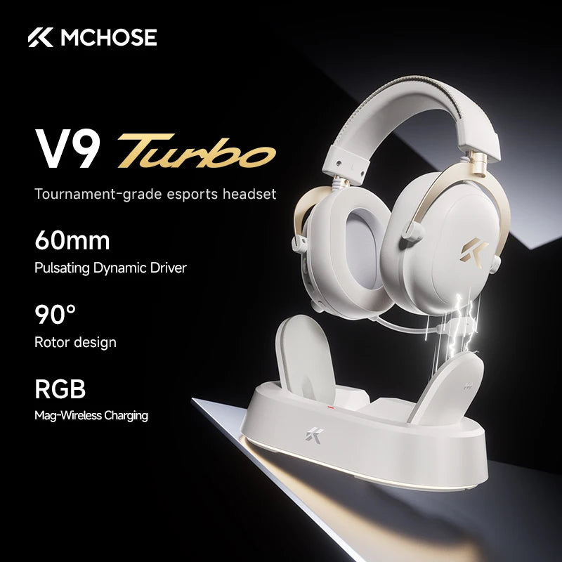 MCHOSE V9 Turbo + Wireless Gaming Headset 60mm 7.1 Surround Sound Professional Esports Headphones With RGB Charging Base